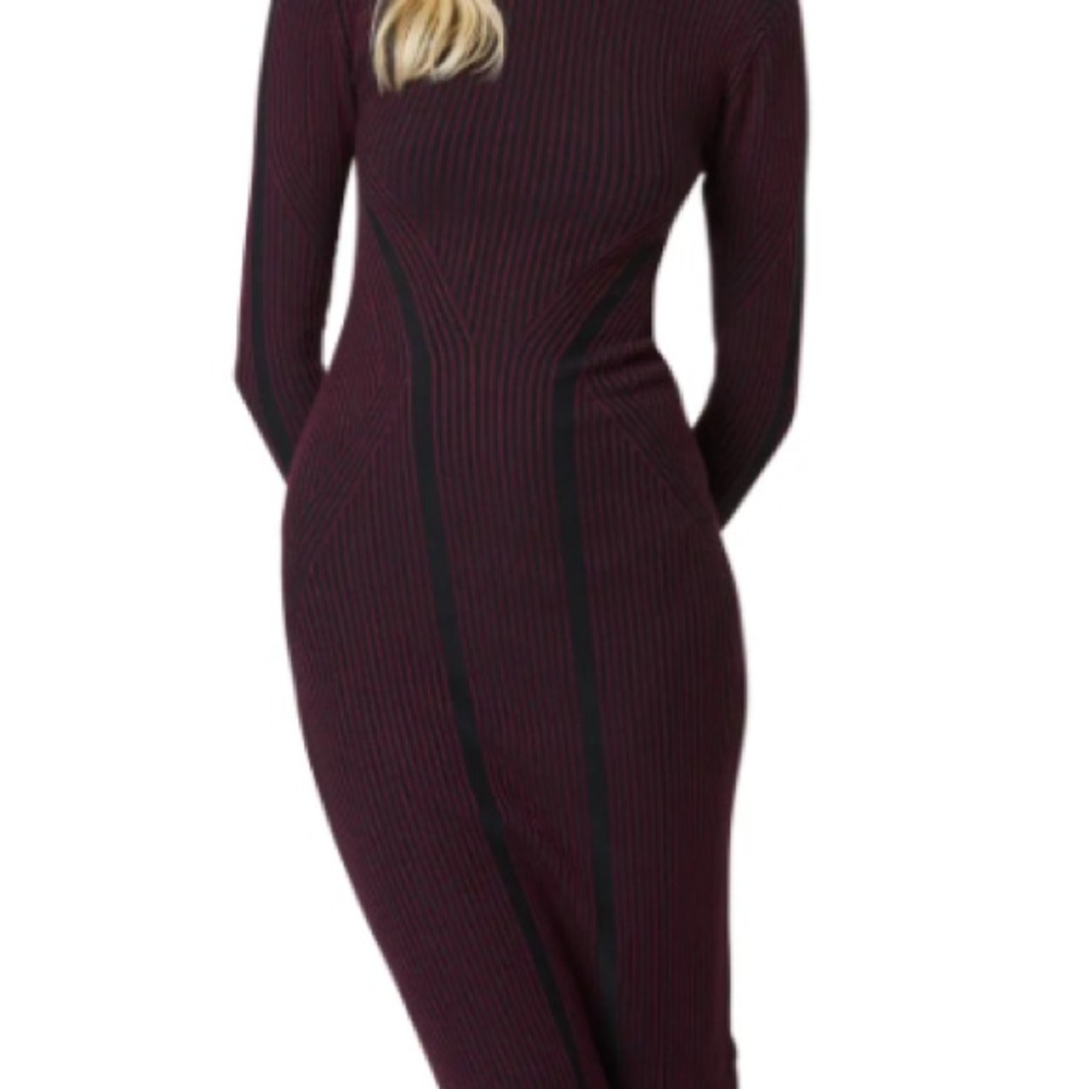 French Connection Burgundy Ribbed Long Sleeve Midi Dress with Black Piping